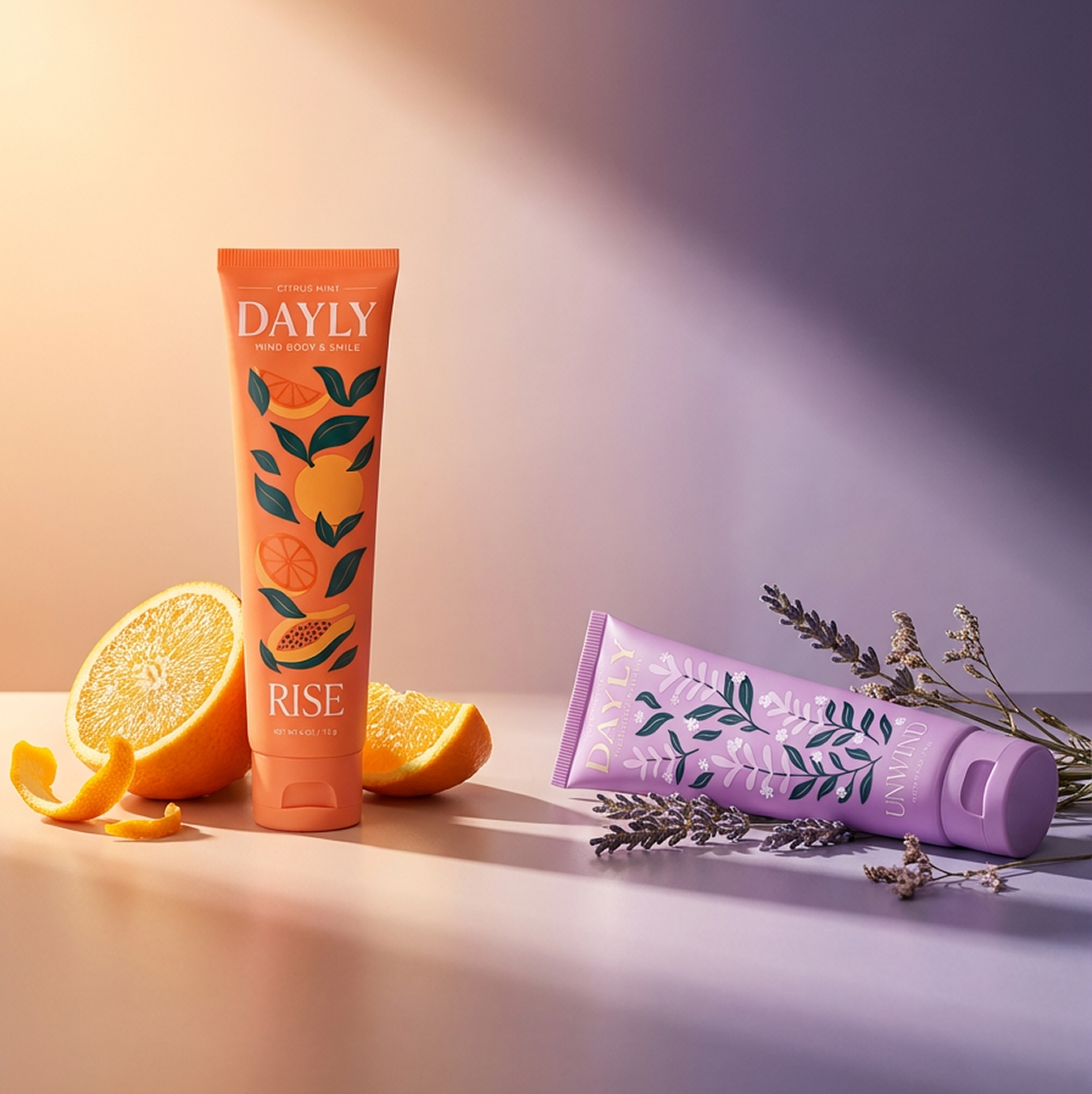 Two tubes of Dayly brand lotion, one orange citrus-scented and one purple lavender-scented, with corresponding ingredients.