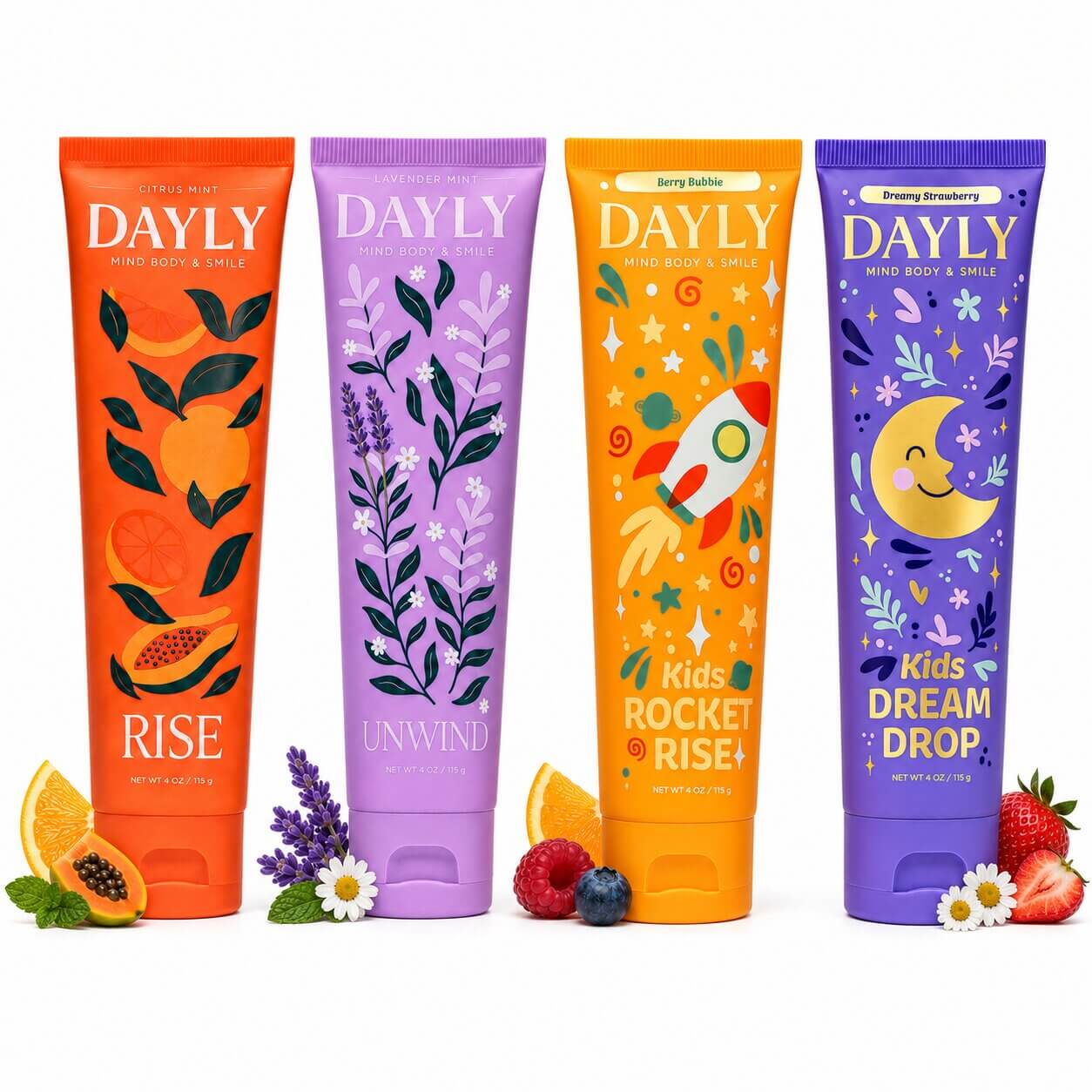 Four colorful tubes of DAYLY brand toothpaste, for adults and kids, with corresponding fruit and herb ingredients.