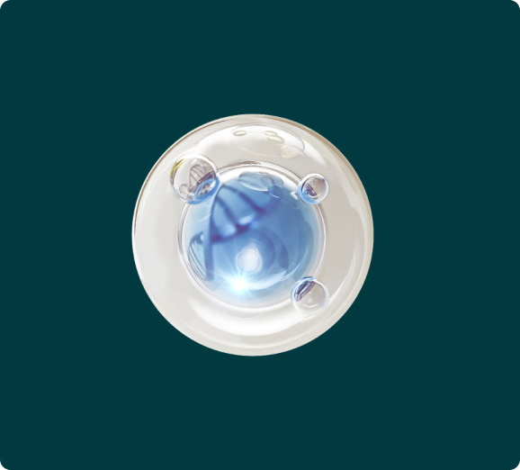 A 3D rendering of a transparent sphere containing a smaller blue sphere with a glowing DNA helix inside.