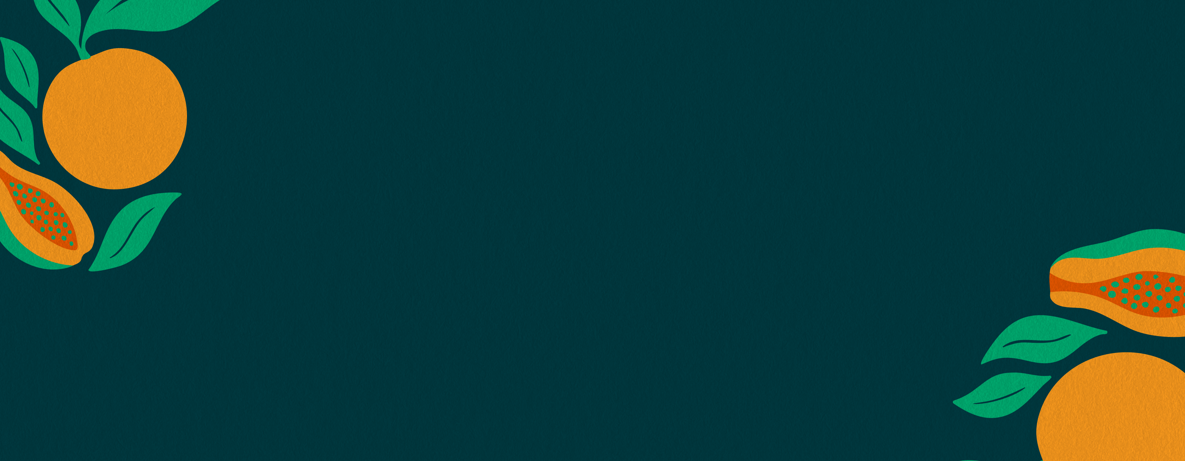 An illustration of oranges, papayas, and leaves on a dark teal background.