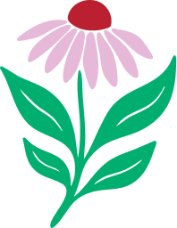 A stylized illustration of a flower with pink petals, a red center, and a green stem with leaves.