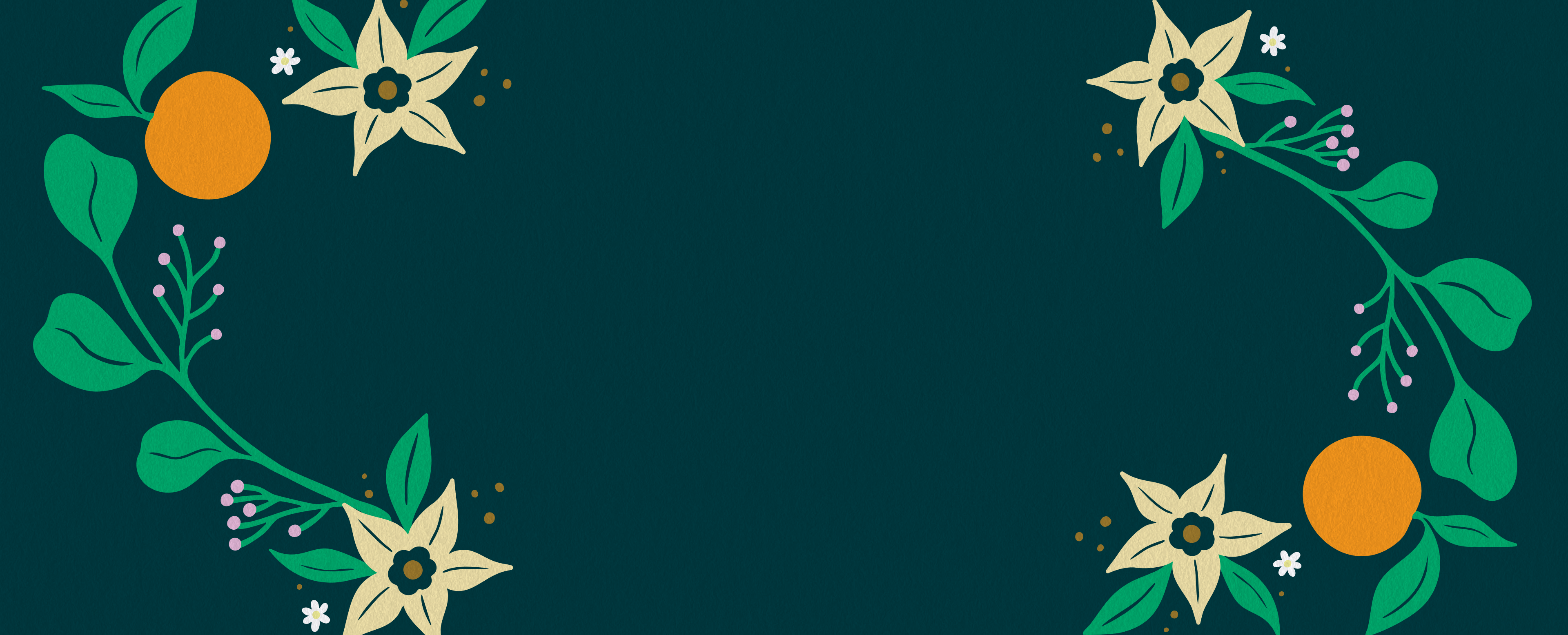 Stylized illustration of floral vines with oranges framing a dark green background.