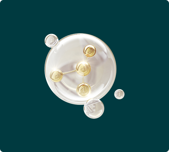 A stylized graphic of a golden molecule with DNA helixes inside a clear bubble against a teal background.