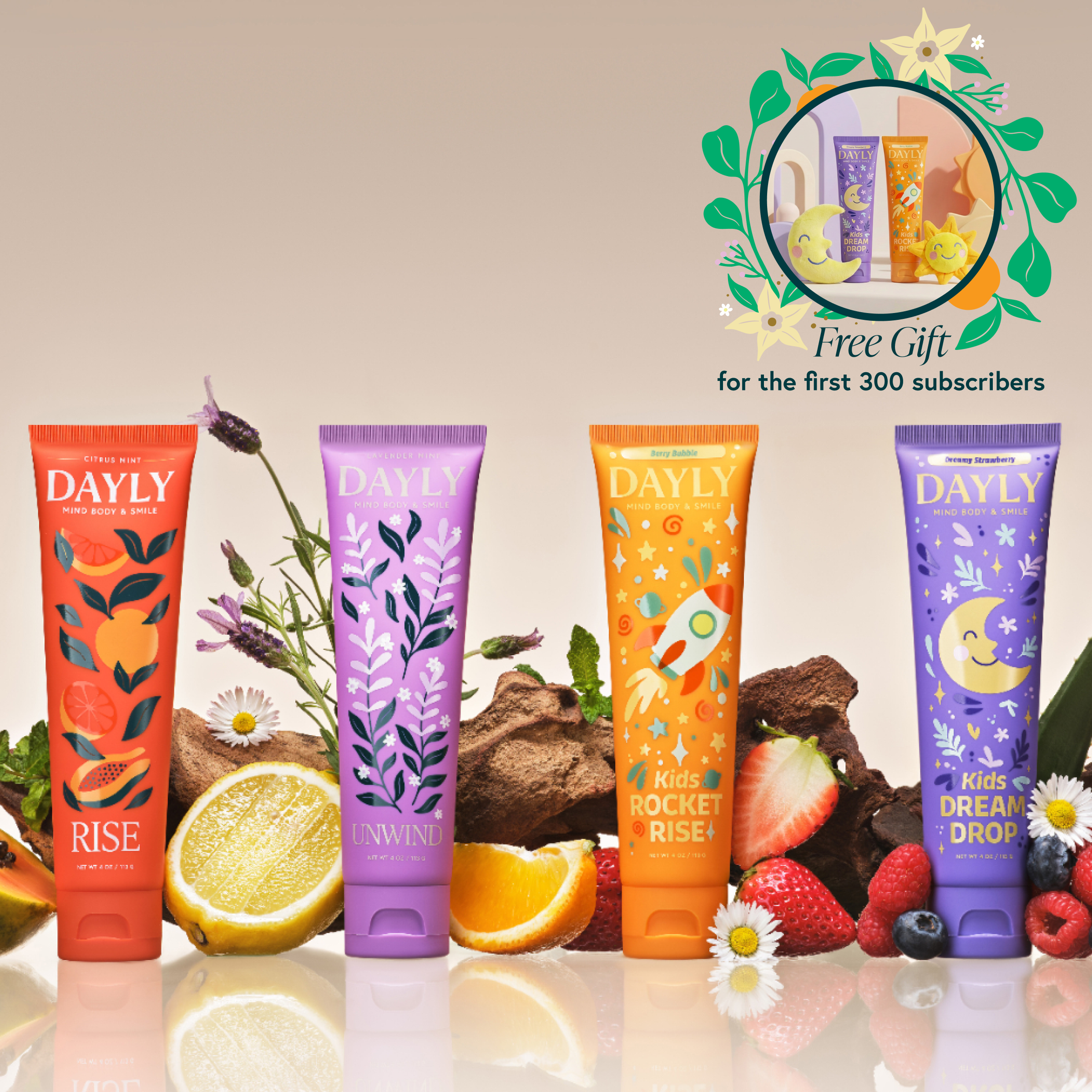 Four colorful tubes of DAYLY brand products arranged in a row with various fruits and flowers.