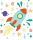A blurry, pixelated illustration of a cartoon rocket ship in space with stars and a planet.