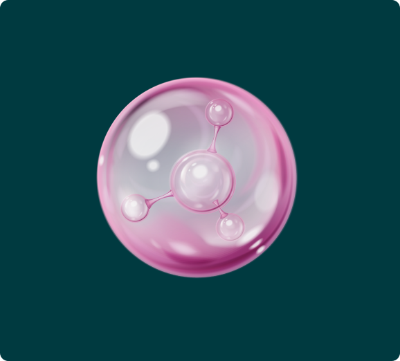 A stylized pink molecule model suspended inside a larger, clear pink bubble against a dark teal background.