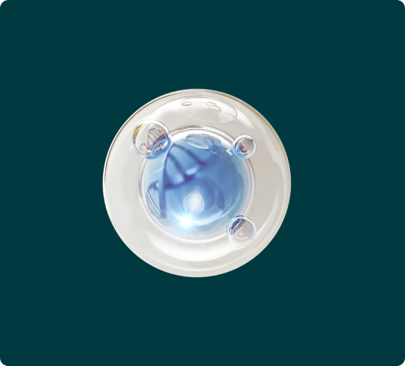 A 3D rendering of a glowing DNA helix encapsulated within a clear orb on a dark teal background.