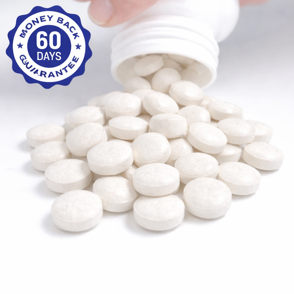 White pills spilling from a bottle with a 60-day money-back guarantee seal.