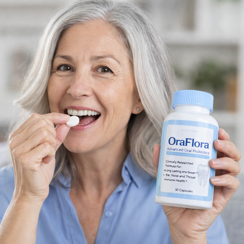 A smiling woman with gray hair holds a bottle of OraFlora Advanced Oral Probiotics and a pill.