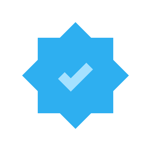 A blue eight-pointed star with a light blue checkmark in the center.
