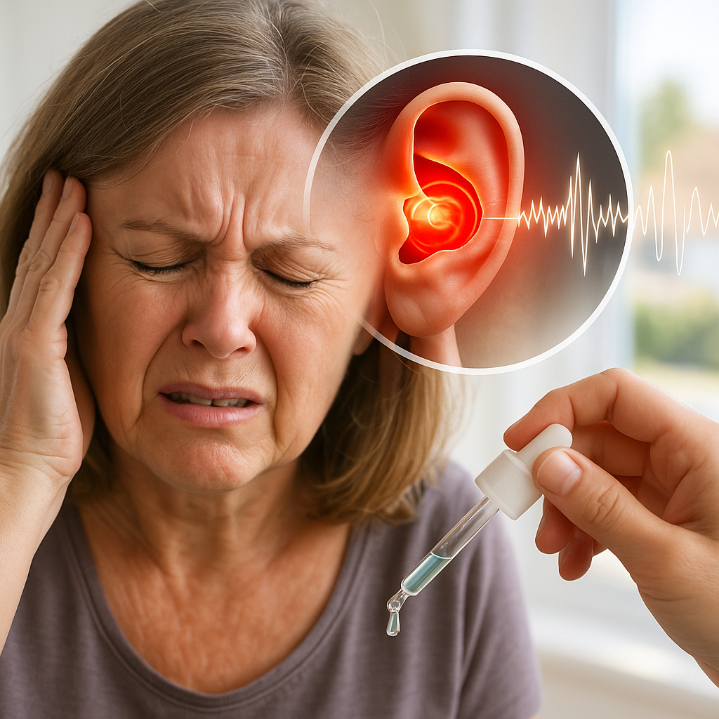A woman in pain from an ear condition, with a graphic overlay and a hand administering ear drops.