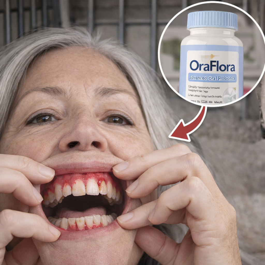 A woman shows her bleeding gums, with an inset image of a bottle of OraFlora Advanced Oral Probiotics.