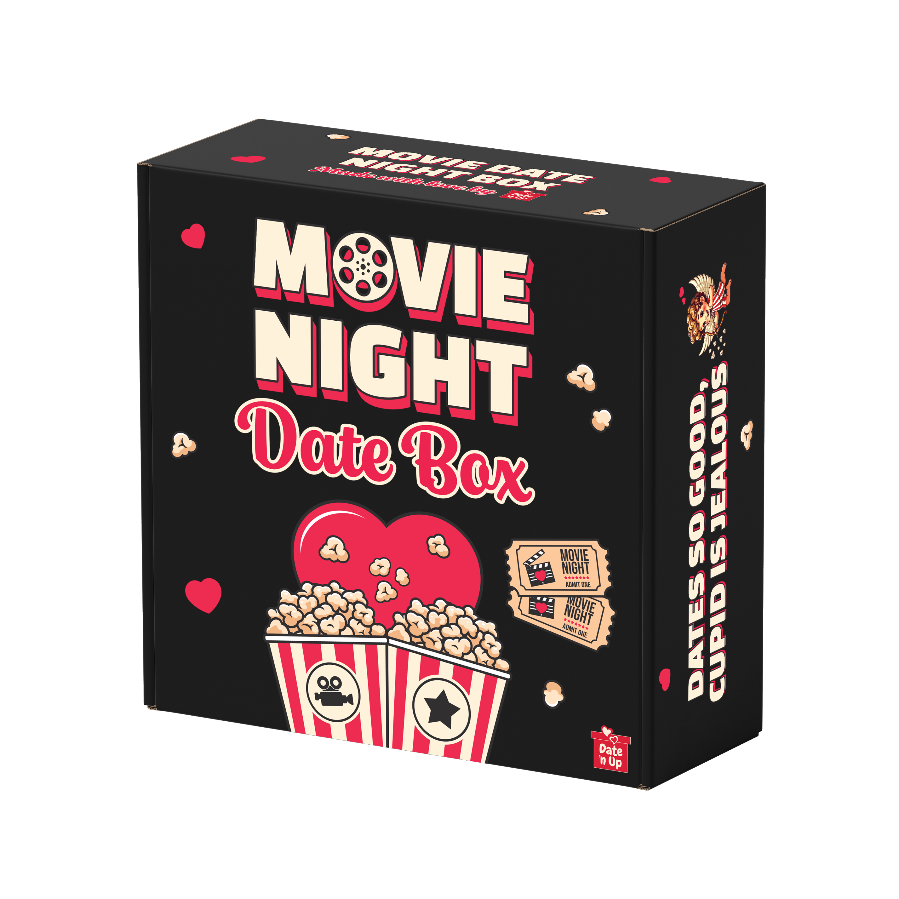 A black box labeled 'Movie Night Date Box' decorated with illustrations of popcorn, hearts, and movie tickets.