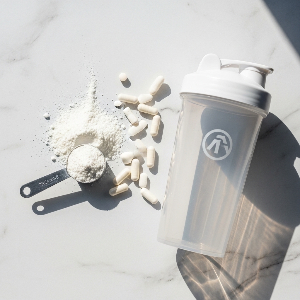 A scoop of creatine powder, capsules, and a shaker bottle on a white marble surface.