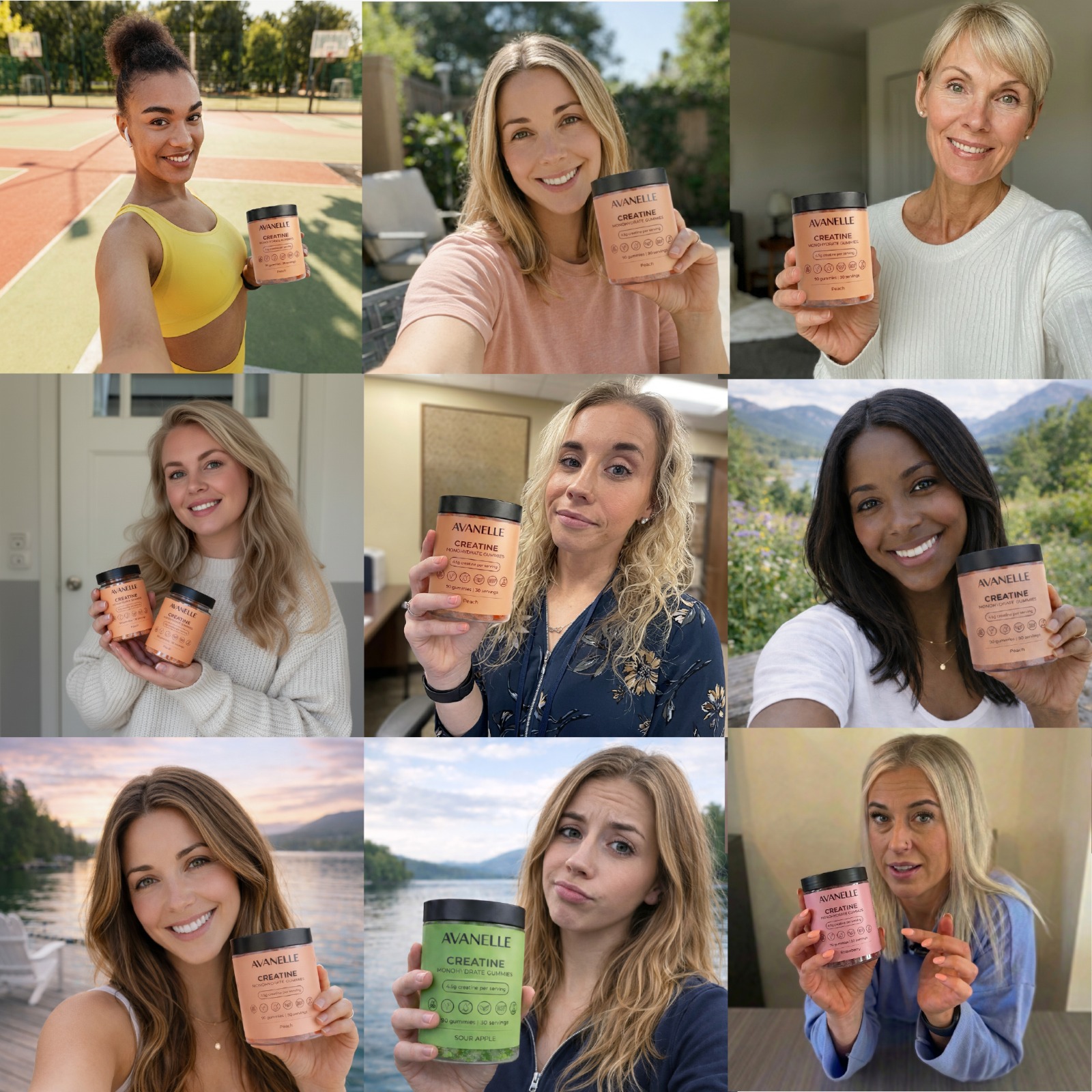 A collage of nine photos of different women holding jars of Avanelle Creatine gummies.