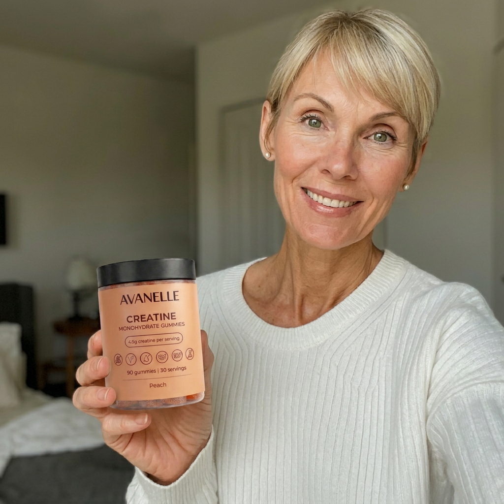 A smiling woman in a white sweater holds a jar of Avanelle Creatine Monohydrate Gummies.