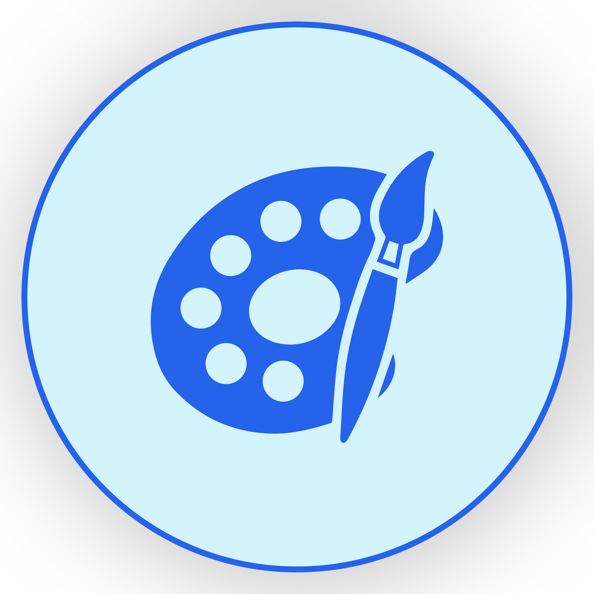A blue icon of an artist's palette and paintbrush on a light blue circular background.