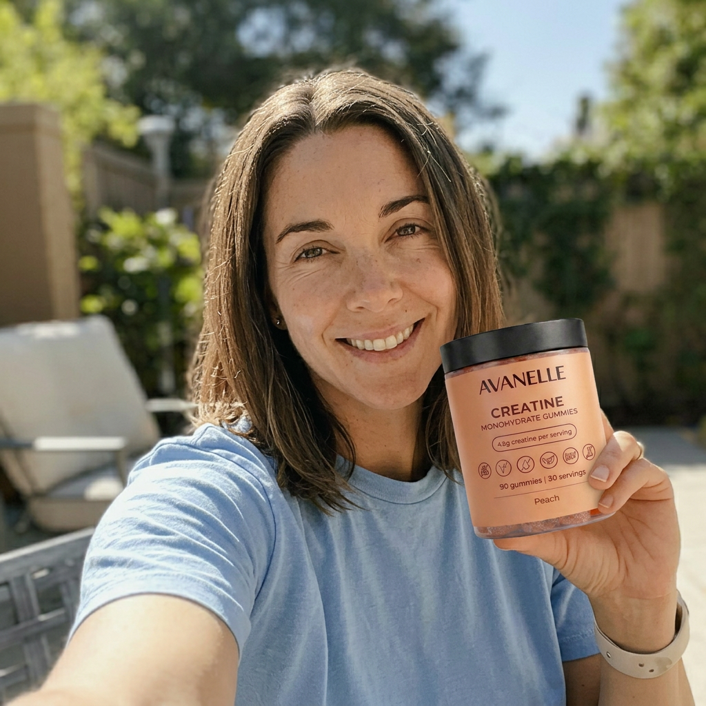 A smiling woman in a blue shirt holds up a jar of Avanelle Creatine Monohydrate Gummies outdoors.