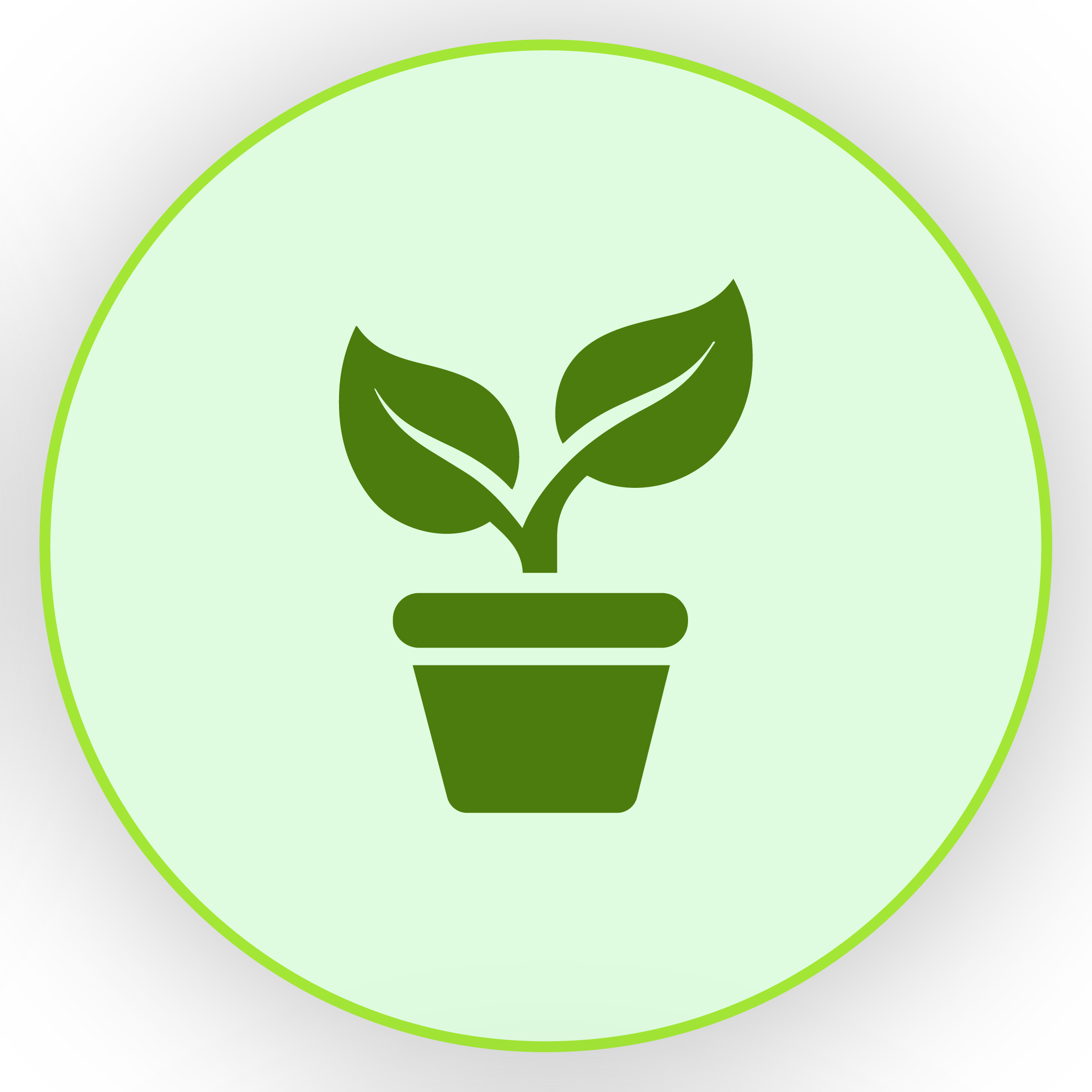 A green icon of a seedling with two leaves in a pot, inside a light green circle.