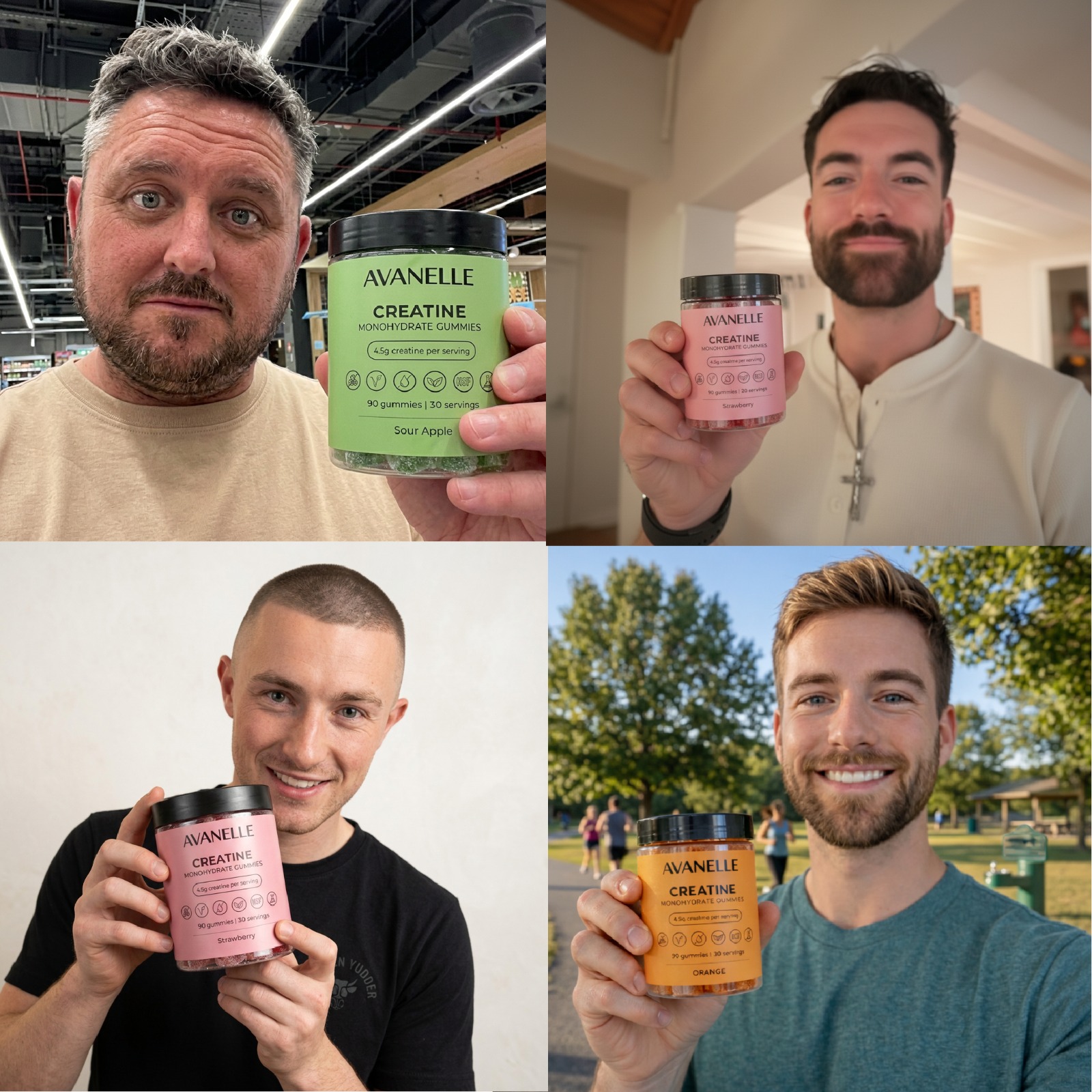 A collage of four different men holding jars of Avanelle Creatine Monohydrate Gummies in various settings.