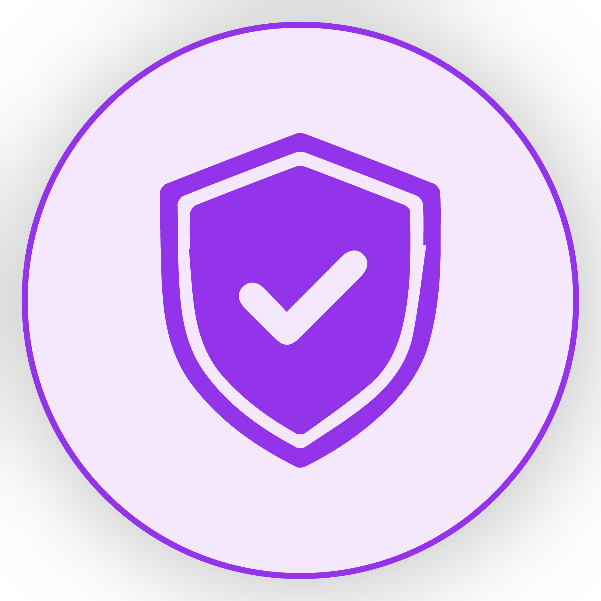 A purple shield icon with a checkmark inside, enclosed in a light purple circle.