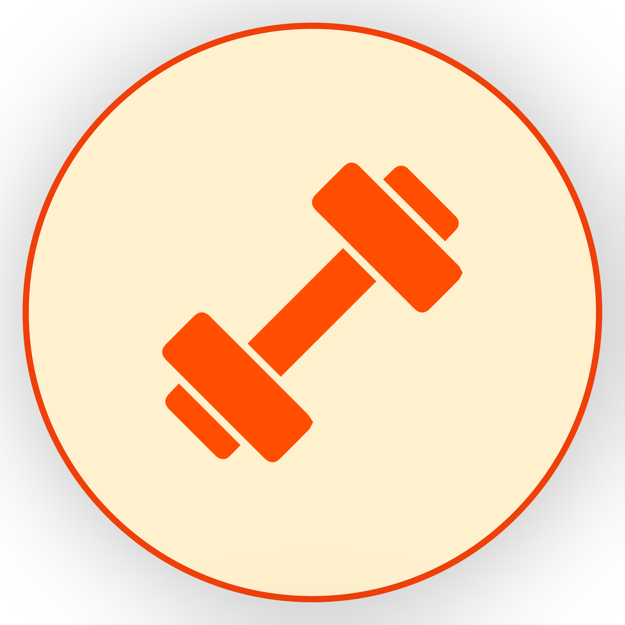 An orange dumbbell icon inside a cream-colored circle with an orange border, on a white background.