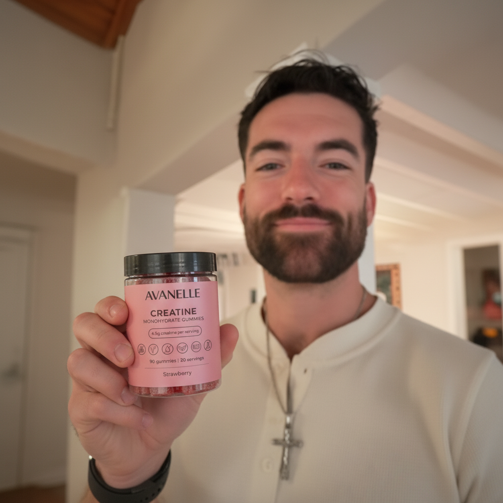 A smiling man holds a jar of Avanelle Creatine Monohydrate Gummies towards the camera.
