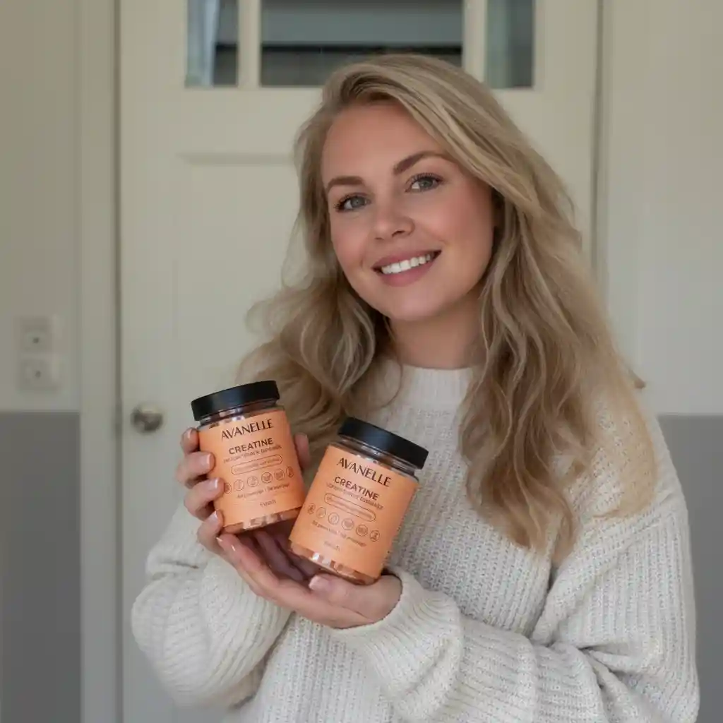 A smiling blonde woman in a cream sweater holds two jars of Avanelle Creatine supplement.