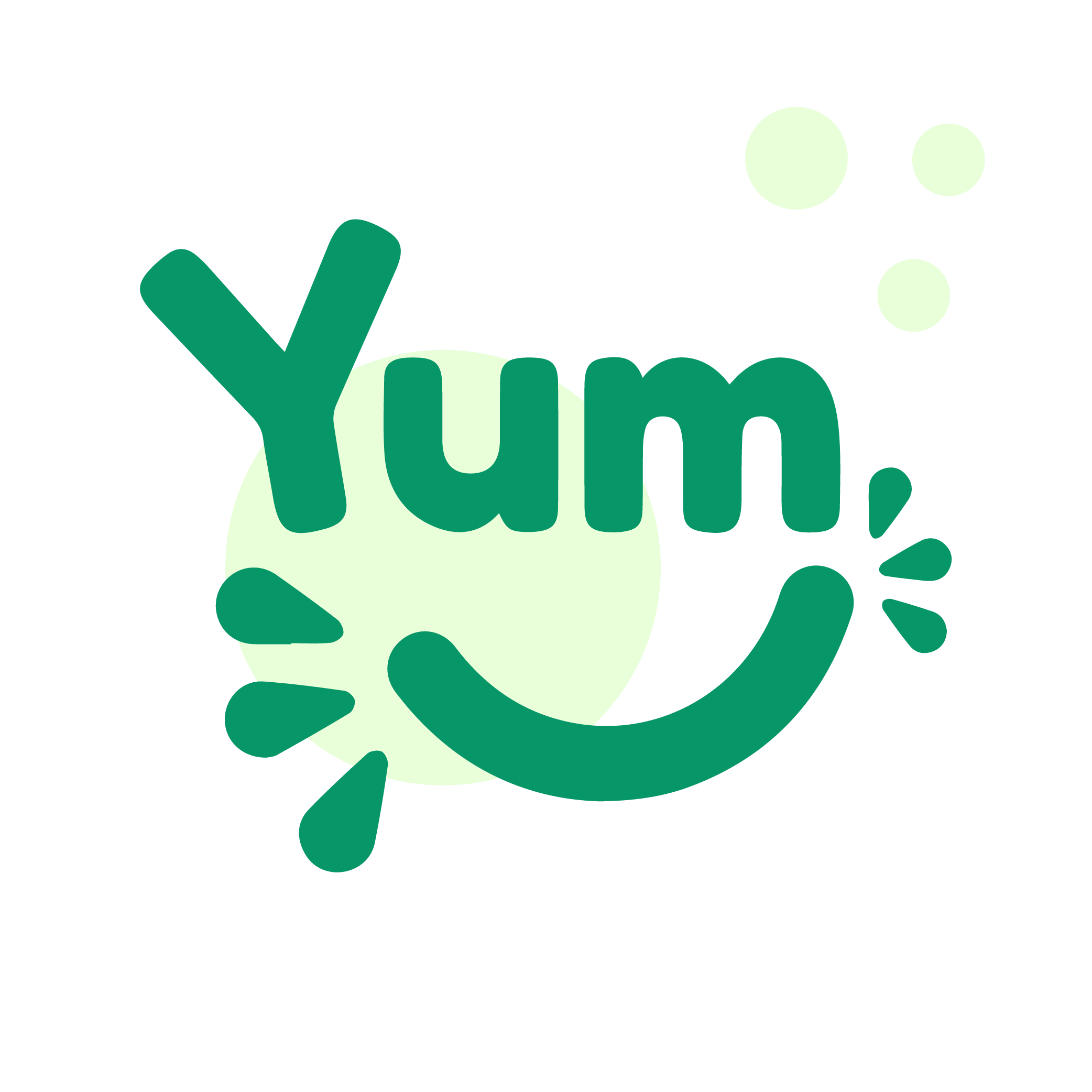 A green logo with the word 'Yum' written above a smile, with light green circles in the background.