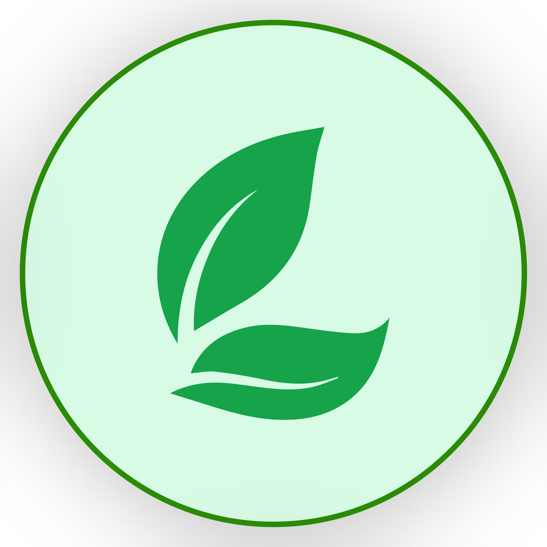 A circular icon with two stylized green leaves.