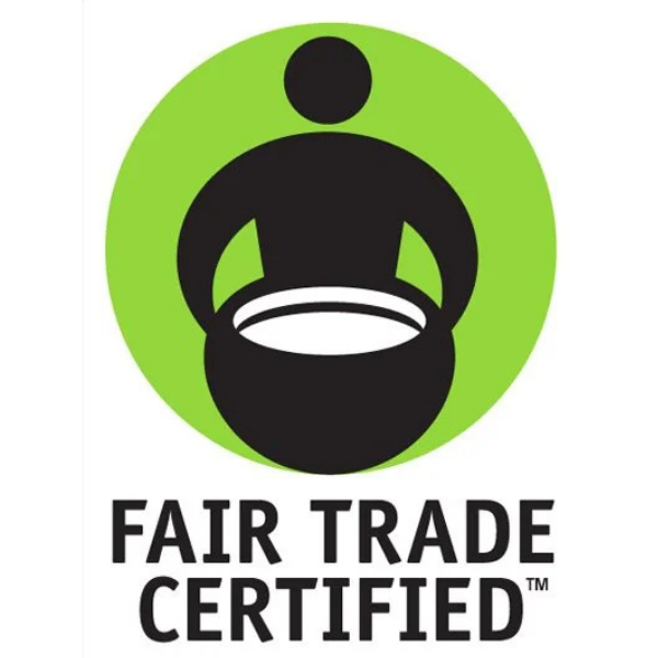 The Fair Trade Certified logo, featuring a person holding a basket inside a green circle.