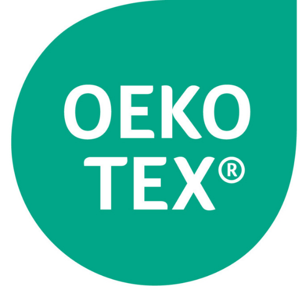 The OEKO-TEX logo, featuring white text on a green, stylized leaf-shaped background.