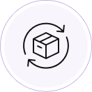Icon of a box with circular arrows on a purple background.
