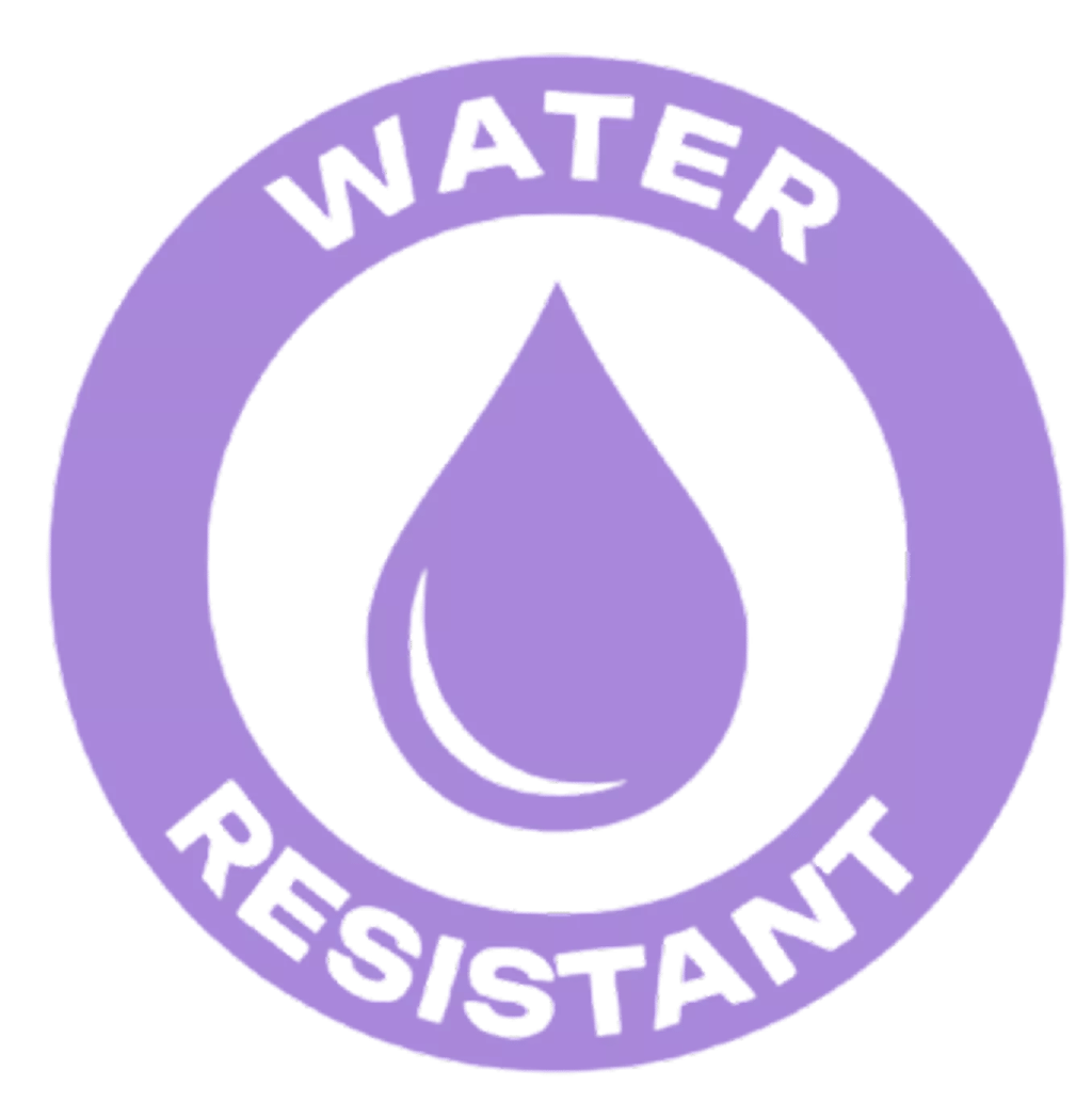 A purple circular icon that says 'Water Resistant' with a water droplet in the center.