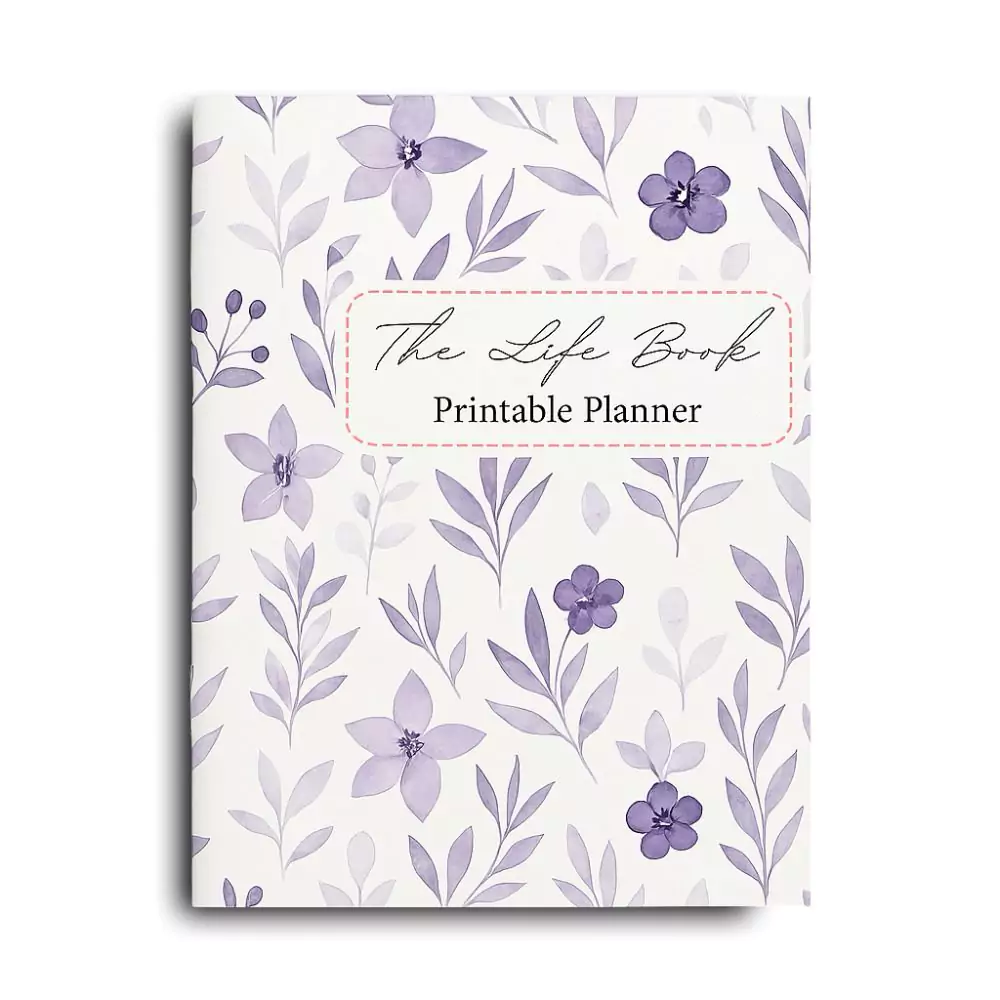 Floral-patterned planner cover with 'The Life Book Printable Planner' text.