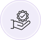 Icon of a hand holding a check-marked badge on a purple background.