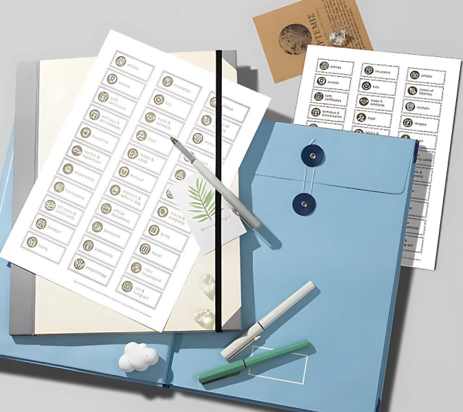Office supplies including folders, pens, and printed labels on a desk.