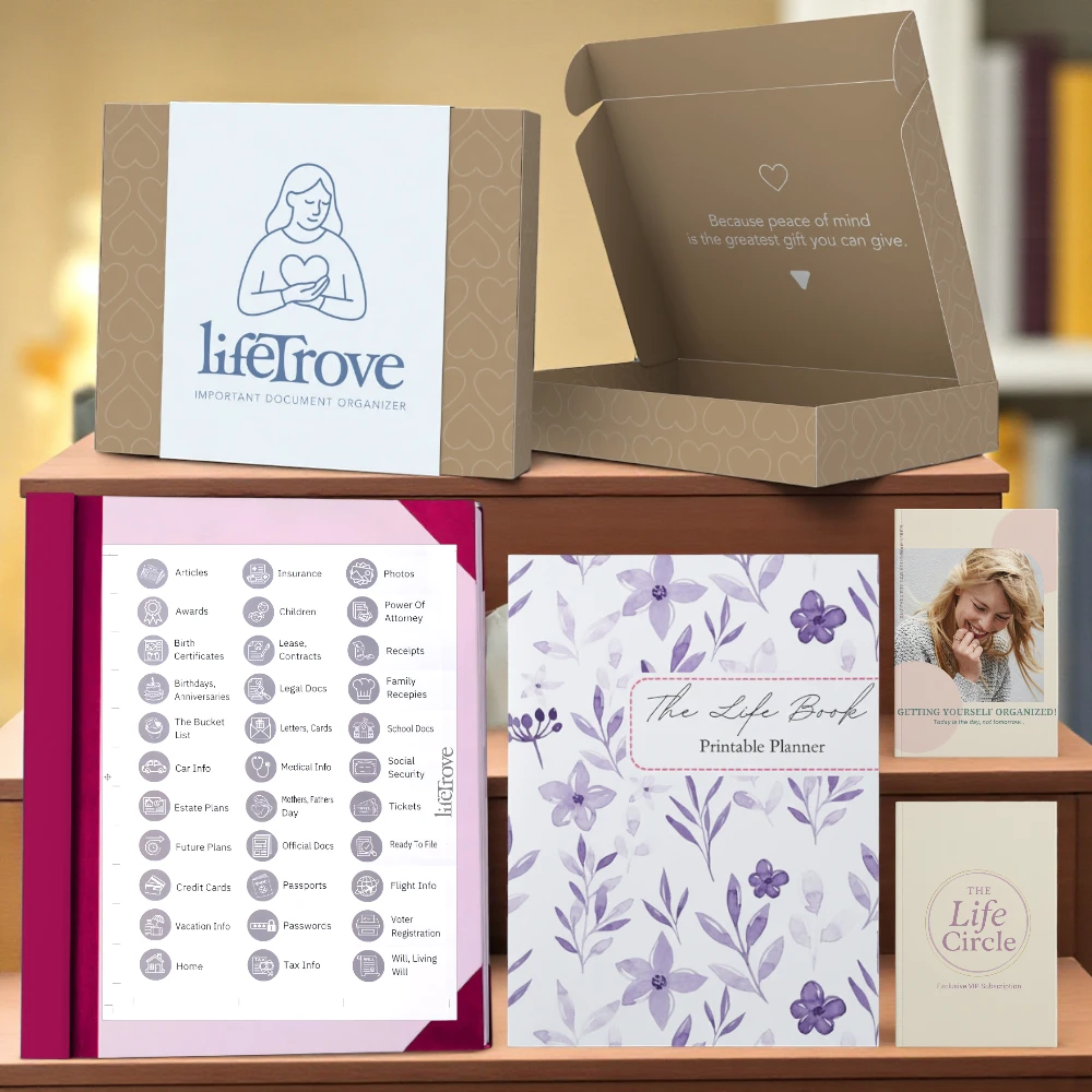 Collection of document organizers and planners with floral designs and text labels.
