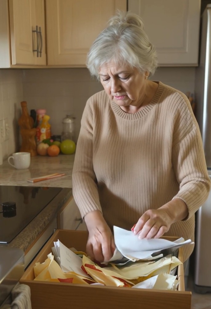 Elderly woman sorting papers in a kitchen drawer.