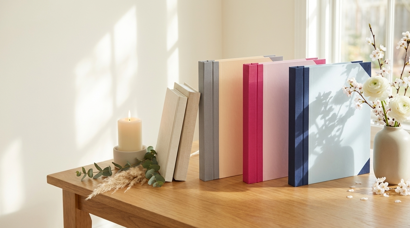 Colorful books and a lit candle on a wooden table next to a vase of white flowers.