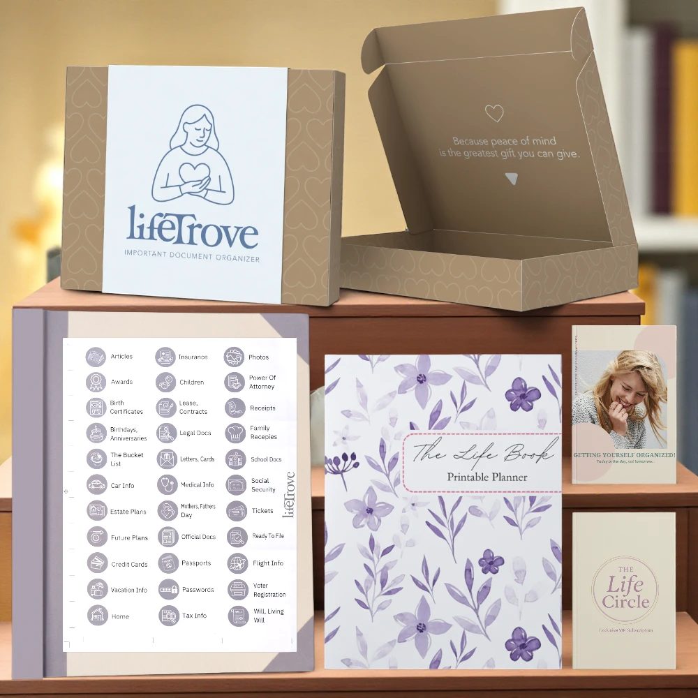 Document organizer kit with planner, index, and motivational quotes.