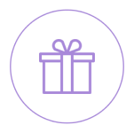 Purple outline of a gift box with a bow inside a circle.