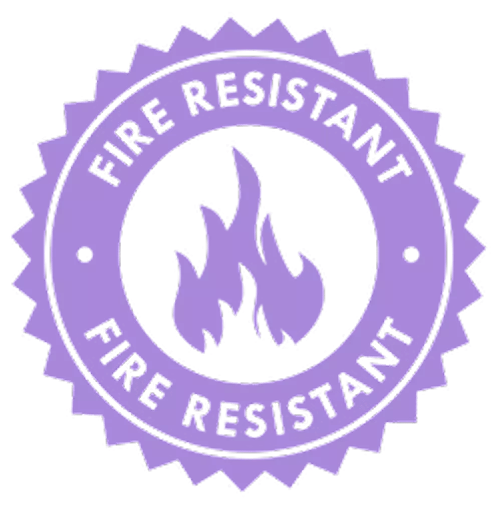 A purple circular seal with the text 'Fire Resistant' and a flame icon in the center.