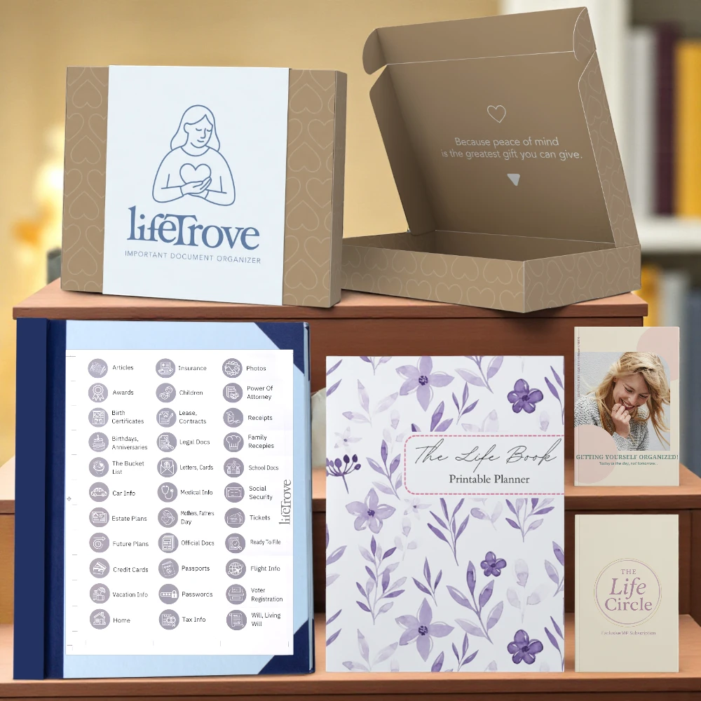 Organizer box with folders, printable planner, and brochures on wooden shelves.