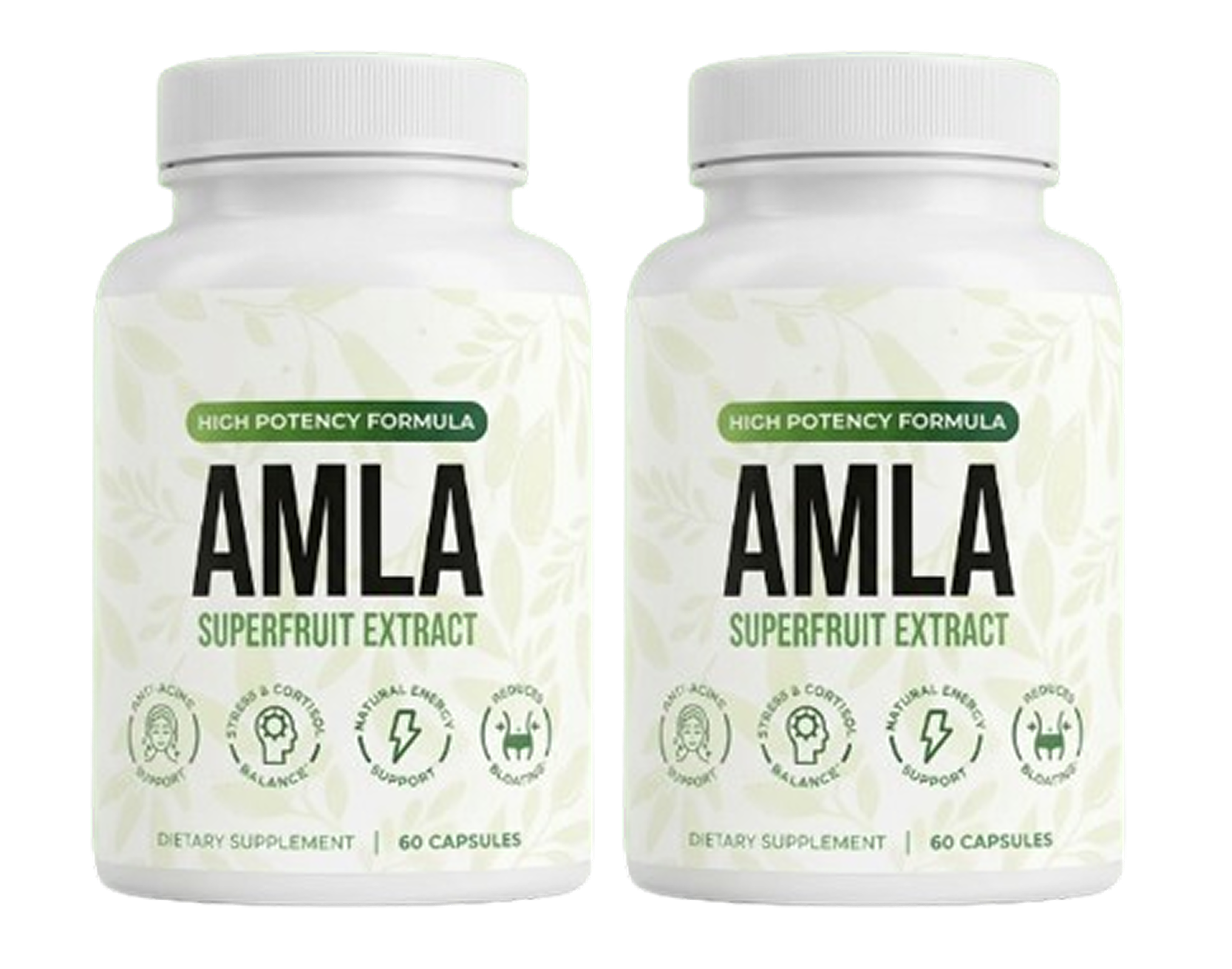 Two identical white bottles of Amla Superfruit Extract dietary supplement on a white background.