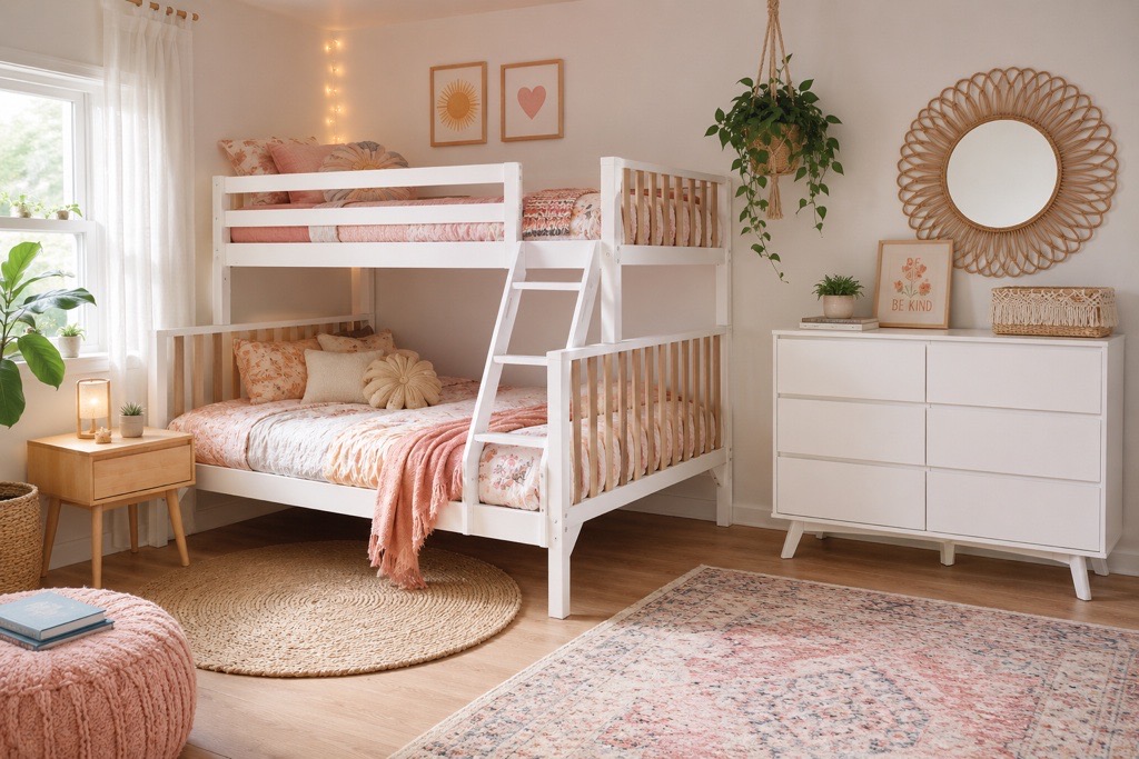 A white room with a white bunk bed and matching dresser and light wood nightstand. The walls are decorated with photos, hanging plants, lights, and a decorative mirror.