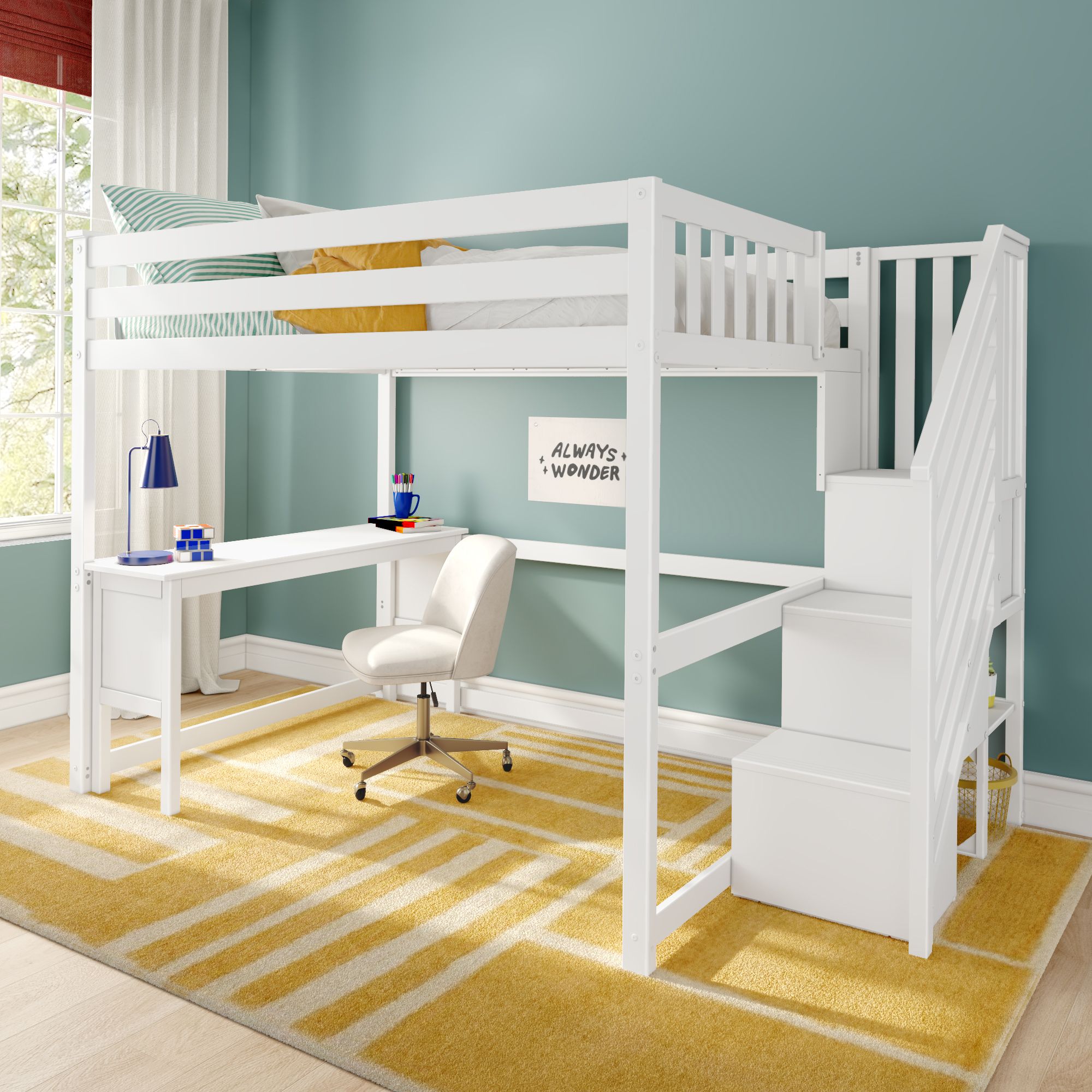 A white loft bed with desk and stairs in a brightly decorated room with yellow rug and teal walls.