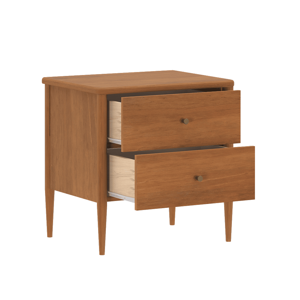 A medium-warm finish modern nightstand with two drawers.