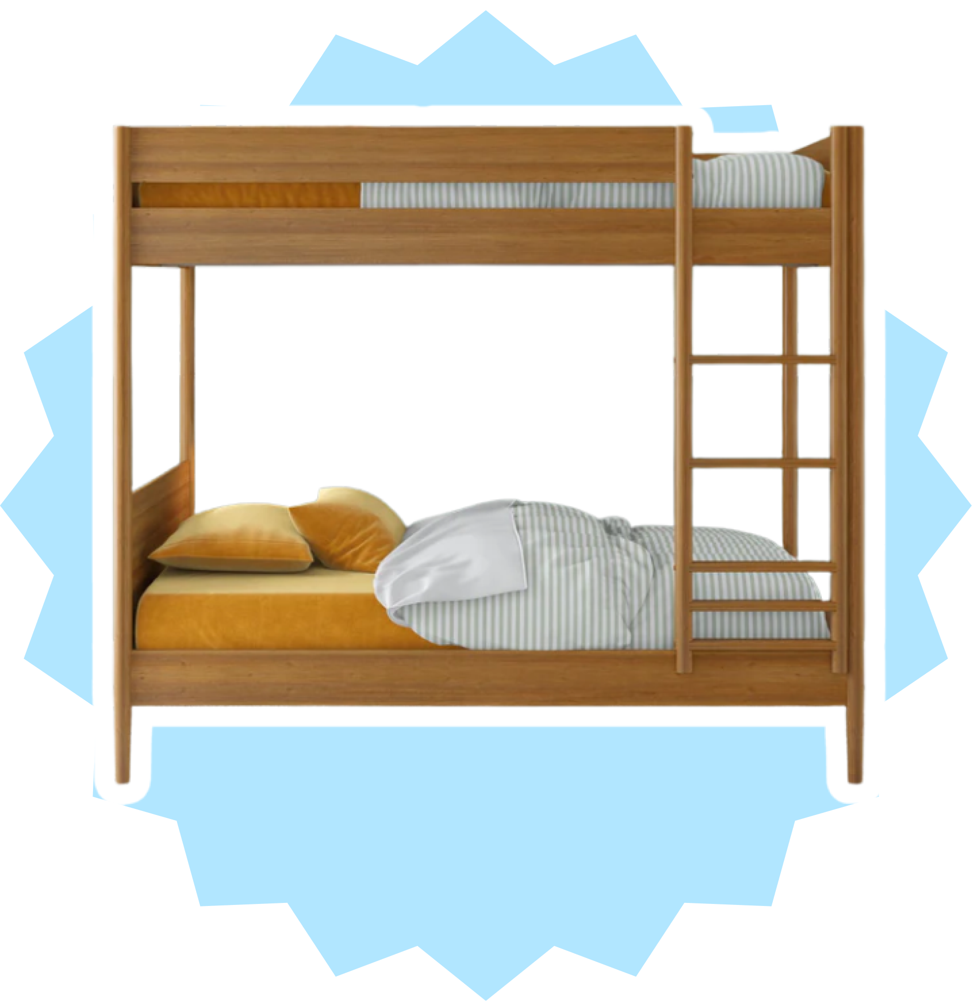 A warm wood bunk bed with a blue starburst background.