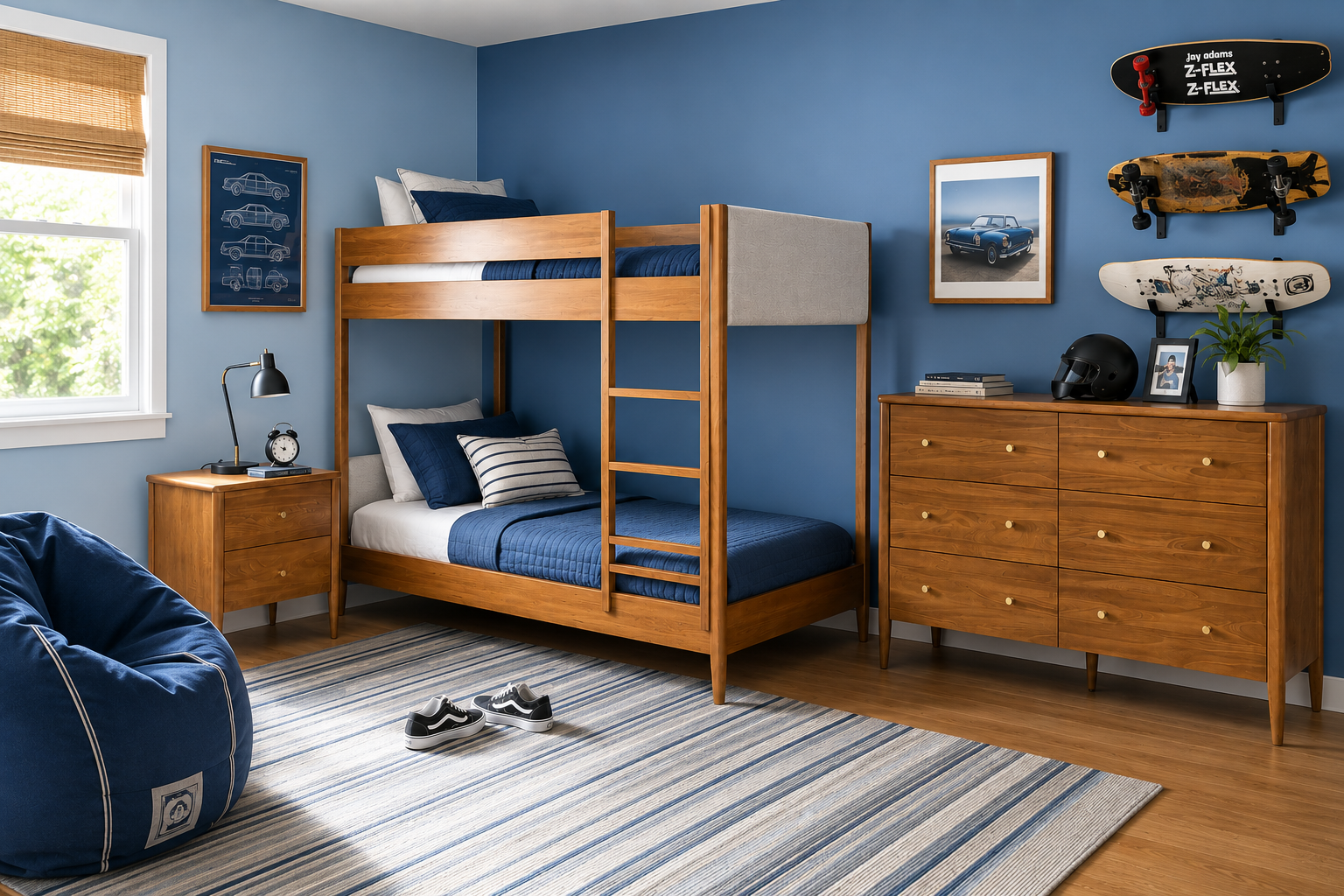 A two-toned blue room with a warm-wood bunk bed and matching dresser and nightstand. On the walls hangs photos and mounted skateboards.